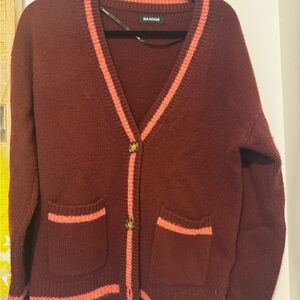 NAADAM Deep Red Cardigan with Pink Trim